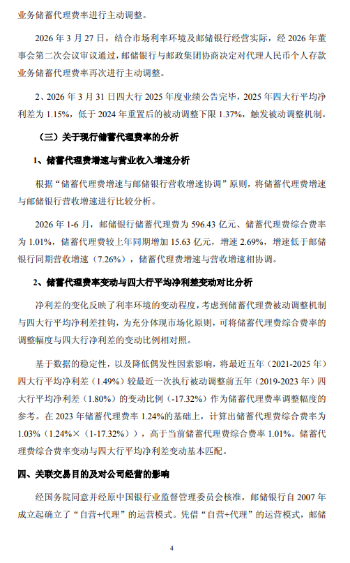 邮储银行：触发储蓄代理费率被动调整机制 拟维持现行费率